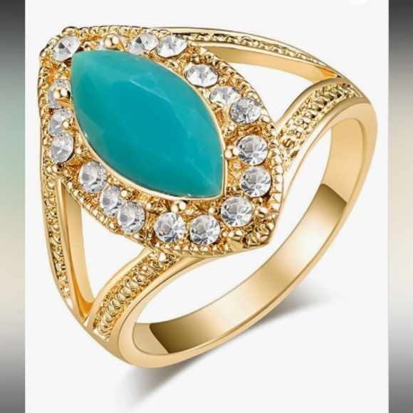 Women's Gold Plated Artificial Turquoise Cubic Zirconia Statement Ring - Picture 2 of 2